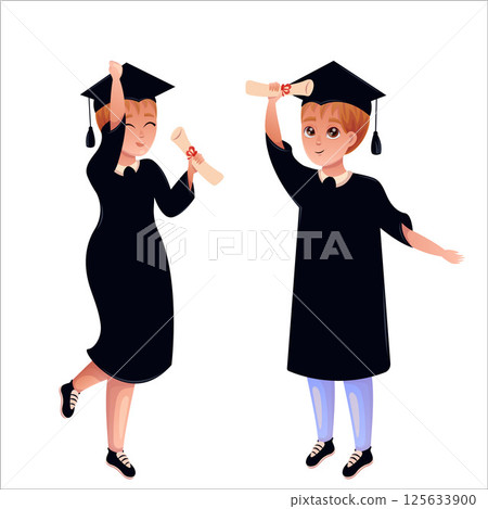 Happy graduates in colleges and universities, students in academic gowns. Celebrating graduation day. 125633900