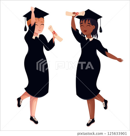 Happy graduates in colleges and universities, students in academic gowns. Celebrating graduation day. 125633901