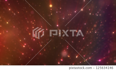Abstract composition of sparkling red and orange light particles with dreamy bokeh effect, creating a warm cosmic atmosphere 125634146