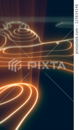 Glowing abstract fluid lines in a dark space, forming flowing energy paths in golden and white hues Glowing abstract fluid lines in a dark space, forming flowing energy paths in golden and white hues 125634148