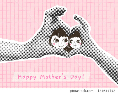 Cute Mother's Day Vector Collage with Mom and Child Faces in A Heart Shape, Halftone Cute Modern Illustration Background 125634152