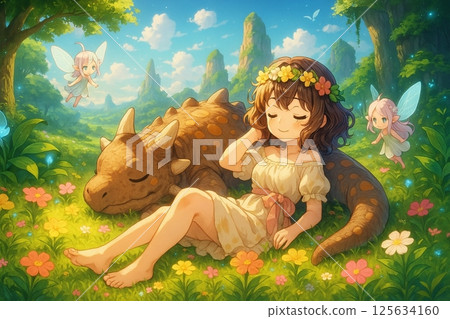 幻想森林中的療癒時刻插圖，其中有仙女、沉睡的龍和女孩 125634160