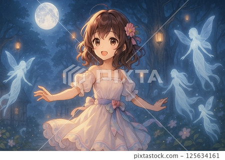 幻想插畫描繪了一個女孩在滿月之夜的奇幻森林舞蹈場景，在那裡她遇到了光之精靈 125634161