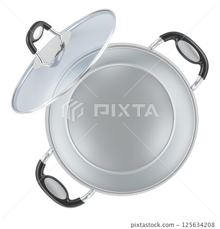 Empty steel stock pot with glass lid, top view. 3D rendering Empty steel stock pot with glass lid, top view. 3D rendering 125634208