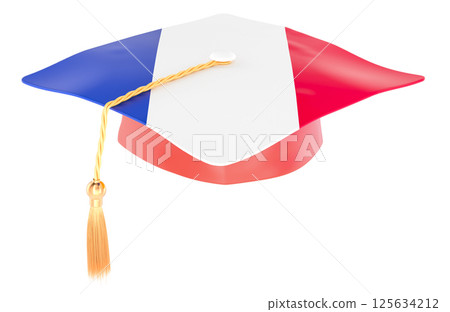 Graduation cap with French flag. Education in France or learn French language, concept. 3D rendering 125634212