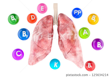 Human lungs with different vitamins. 3D rendering 125634214