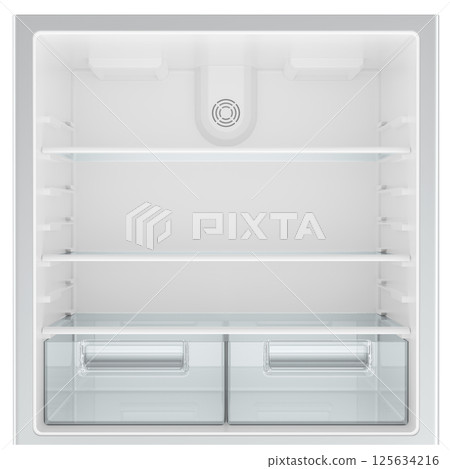 Opened Refrigerator with empty refrigerator shelves, 3D rendering Opened Refrigerator with empty refrigerator shelves, 3D rendering 125634216