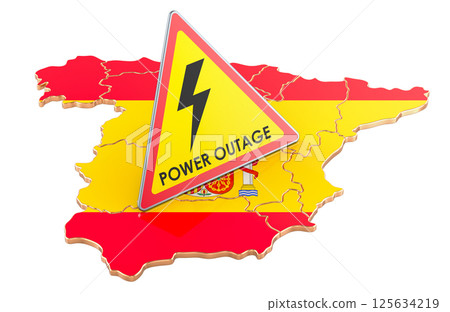 Power Outage in Spain, concept. Power outage yellow triangle sign on Spanish flag. 3D rendering 125634219