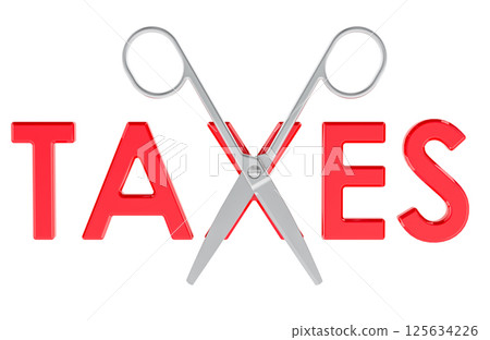 Tax scissors. Cutting or reducing taxes, concept. Scissors cutting taxes. 3D rendering Tax scissors. Cutting or reducing taxes, concept. Scissors cutting taxes. 3D rendering 125634226