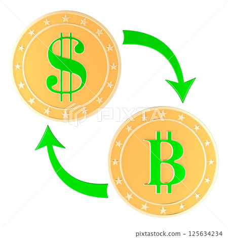 Dollar and Bitcoin exchange, concept. 3D rendering Dollar and Bitcoin exchange, concept. 3D rendering 125634234
