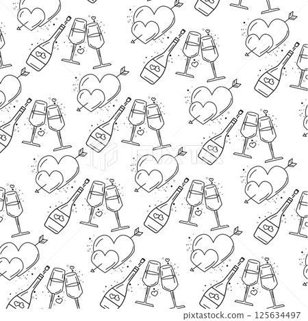 Hearts wine and bottle. Vector 125634497