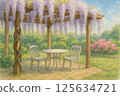 Table and chairs under the wisteria trellis 125634721