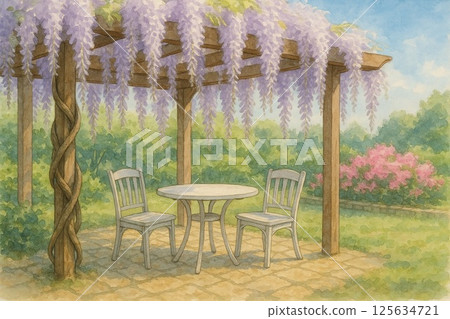 Table and chairs under the wisteria trellis 125634721