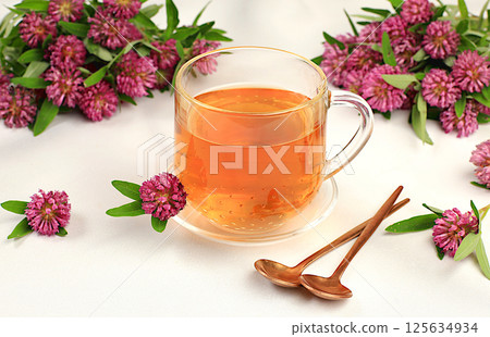 Medicinal herbal tea or infusion of red clover in a glass cup with flowers, alternative traditional medicine concept, estrogen source, menopause remedy, advertising for green pharmacy, 125634934