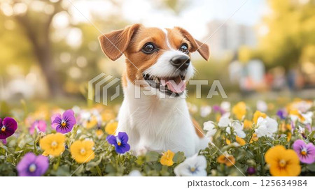 傑克羅素在色彩繽紛的花田裡微笑 125634984