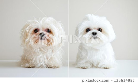 Comparison of Maltese dogs before and after improvement of tear stains and drool stains 125634985