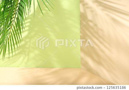 Abstract background with natural wooden podiums and long shadows on a pink wall, an empty showcase for cosmetic products demonstration or presentation, minimal ecology concept, selective focus Abstract background with natural wooden podiums and long shadows on a pink wall, an empty showcase for cosmetic products demonstration or presentation, minimal ecology concept, selective focus 125635186
