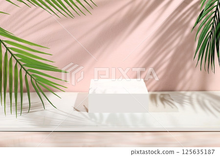Abstract background with natural wooden podiums and long shadows on a pink wall, an empty showcase for cosmetic products demonstration or presentation, minimal ecology concept, selective focus 125635187