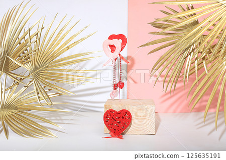 Abstract background with natural wooden podiums and long shadows on a pink wall, an empty showcase for cosmetic products demonstration or presentation, minimal ecology concept, selective focus 125635191