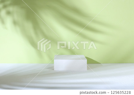 Abstract background with natural wooden podiums and long shadows on a pink wall, an empty showcase for cosmetic products demonstration or presentation, minimal ecology concept, selective focus 125635228