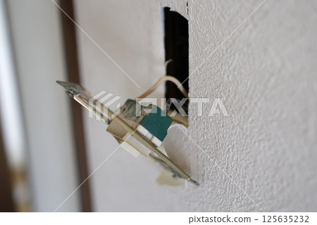Wall surface under construction for electrical outlet Wall surface under construction for electrical outlet 125635232
