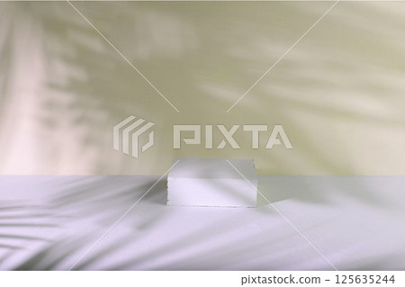 Minimal abstract background for cosmetic products presentation.Empty premium podium with shadows of tropical palm leaves on beige wall,template for design,pedistal display podium,selective focus Minimal abstract background for cosmetic products presentation.Empty premium podium with shadows of tropical palm leaves on beige wall,template for design,pedistal display podium,selective focus 125635244