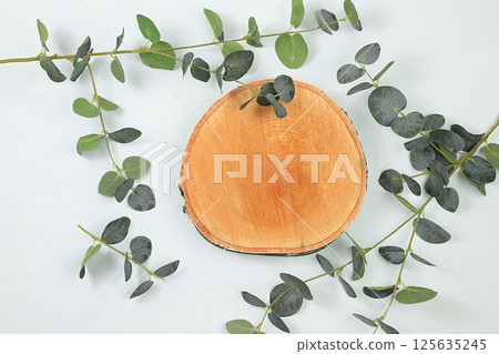 Minimal abstract background for cosmetic products presentation.Empty premium podium with shadows of tropical palm leaves on beige wall,template for design,pedistal display podium,selective focus 125635245