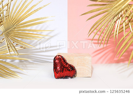 Minimal abstract background for cosmetic products presentation.Empty premium podium with shadows of tropical palm leaves on beige wall,template for design,pedistal display podium,selective focus Minimal abstract background for cosmetic products presentation.Empty premium podium with shadows of tropical palm leaves on beige wall,template for design,pedistal display podium,selective focus 125635246