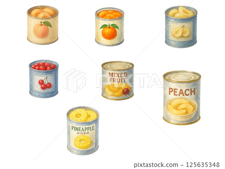一組罐裝水果的水彩插圖：桃子、橘子、櫻桃、梨子等。 125635348