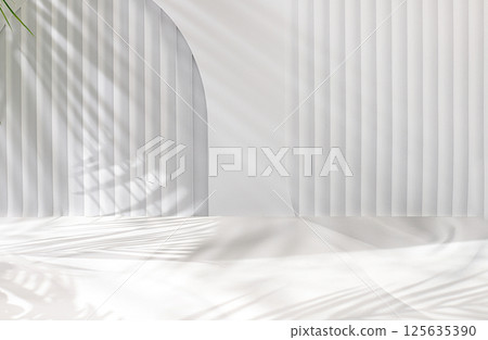 Premium empty podium with shadows of tropical palm leaves on gray wall, Minimal abstract background for cosmetic product presentation. template for design, podium on pedestal, selective focus Premium empty podium with shadows of tropical palm leaves on gray wall, Minimal abstract background for cosmetic product presentation. template for design, podium on pedestal, selective focus 125635390