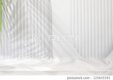 Premium empty podium with shadows of tropical palm leaves on gray wall, Minimal abstract background for cosmetic product presentation. template for design, podium on pedestal, selective focus. Premium empty podium with shadows of tropical palm leaves on gray wall, Minimal abstract background for cosmetic product presentation. template for design, podium on pedestal, selective focus. 125635391