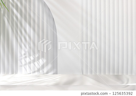 Premium empty podium with shadows of tropical palm leaves on gray wall, Minimal abstract background for cosmetic product presentation. template for design, podium on pedestal, selective focus. Premium empty podium with shadows of tropical palm leaves on gray wall, Minimal abstract background for cosmetic product presentation. template for design, podium on pedestal, selective focus. 125635392