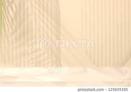 Empty premium podium with shadows of tropical palm leaves on light wall, minimal abstract background for cosmetic product presentation. template for design, podium on pedestal, selective focus... Empty premium podium with shadows of tropical palm leaves on light wall, minimal abstract background for cosmetic product presentation. template for design, podium on pedestal, selective focus... 125635395