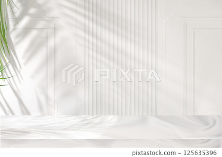 Premium empty podium with tropical palm leaves shadows on elegant grey wall, minimal abstract background for cosmetics product presentation, design template, podium on pedestal, Premium empty podium with tropical palm leaves shadows on elegant grey wall, minimal abstract background for cosmetics product presentation, design template, podium on pedestal, 125635396