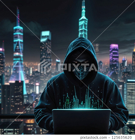 Masked hacker using a computer 125635620