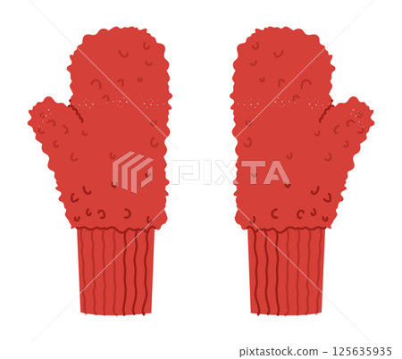 Pile Mitten Gloves One-Fingered knitted cuff red cartoon Fashion hand accessory clothing technical illustration garment 125635935
