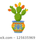 Green cactus with orange and yellow fruit in a decorative Mediterranean-style ceramic flower pot 125635969