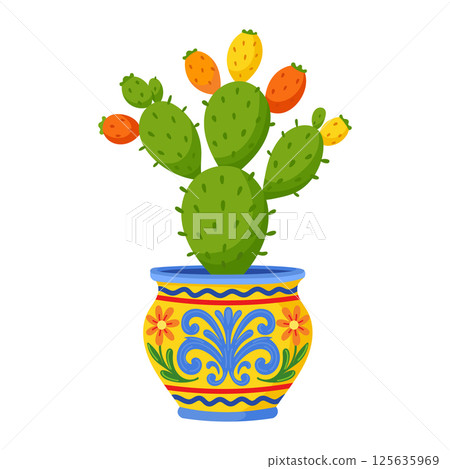Green cactus with orange and yellow fruit in a decorative Mediterranean-style ceramic flower pot Green cactus with orange and yellow fruit in a decorative Mediterranean-style ceramic flower pot 125635969