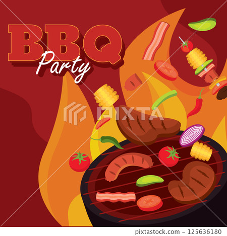 Flaming BBQ with food. Vector 125636180