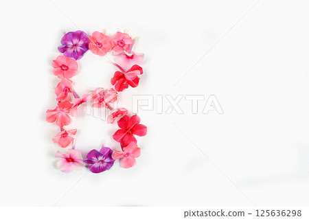 Letter B made from real fresh flowers. Floral font concept. Unique collection of letters and numbers for design. Spring, summer, autumn and valentines, creative idea, selective focus Letter B made from real fresh flowers. Floral font concept. Unique collection of letters and numbers for design. Spring, summer, autumn and valentines, creative idea, selective focus 125636298