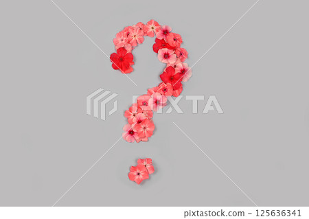 Icon ? from real fresh flowers. Creative floral font concept. Unique collection of letters and numbers for design. Spring, summer, autumn and valentines, creative idea, selective focus 125636341