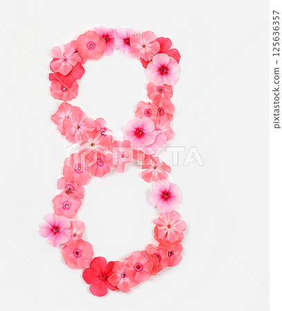 Number 8 made from real fresh flowers. Floral font concept, alphabet. Unique collection of letters and numbers for design. Spring, summer, autumn and valentines, creative idea, selective focus 125636357