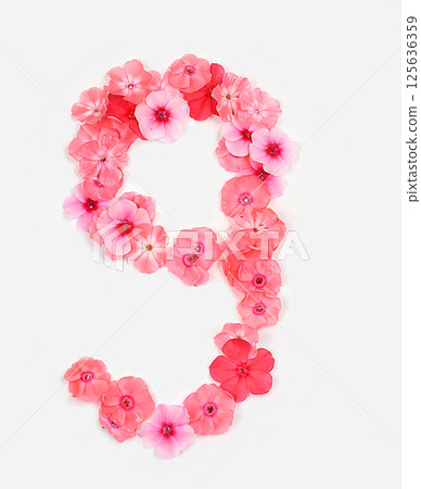 Number 9 made from real fresh flowers. Floral font concept, alphabet. Unique collection of letters and numbers for design. Spring, summer, autumn and valentines, creative idea, selective focus 125636359