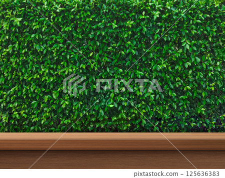 Empty wooden table front view, green bush background. Empty wooden table front view, green bush background. 125636383