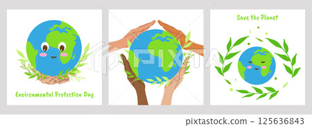World Environment Day poster set Earth day. Green nature, Eco organic ecology. Design web page presentation postcard brochure, flyer template. Vector illustration. 125636843