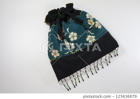 Antique kimono fabric beaded drawstring bag 125636879