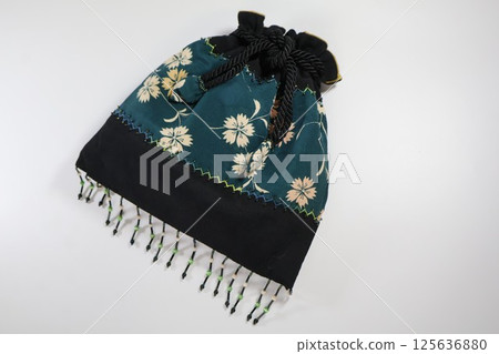 Antique kimono fabric beaded drawstring bag 125636880