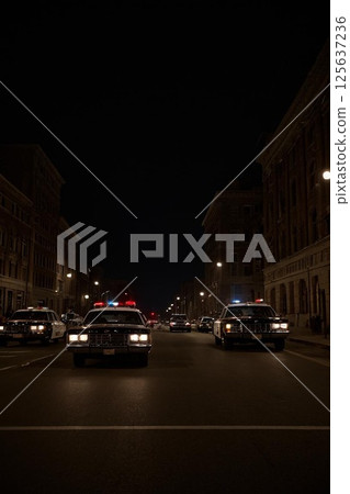 A police car running through the city at night with its siren on 125637236