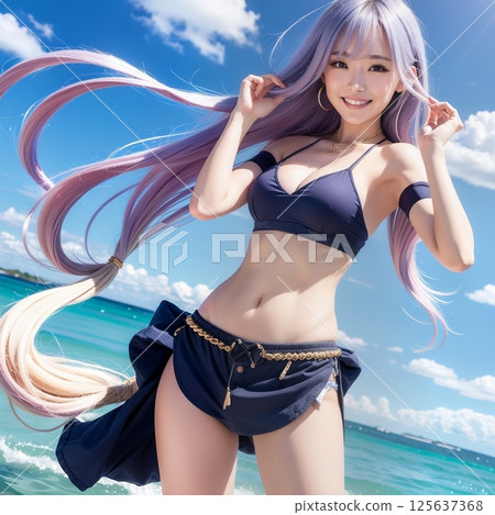 Blue sky and sea, blown by the wind, in cosplay costume!! 125637368
