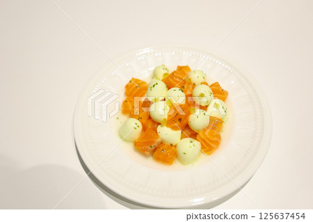 [Food] Mozzarella dish, salmon mix 125637454